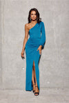 Asymmetrical One-Shoulder Maxi Dress by Roco Fashion - Shimmering Glitter Fabric with Slit