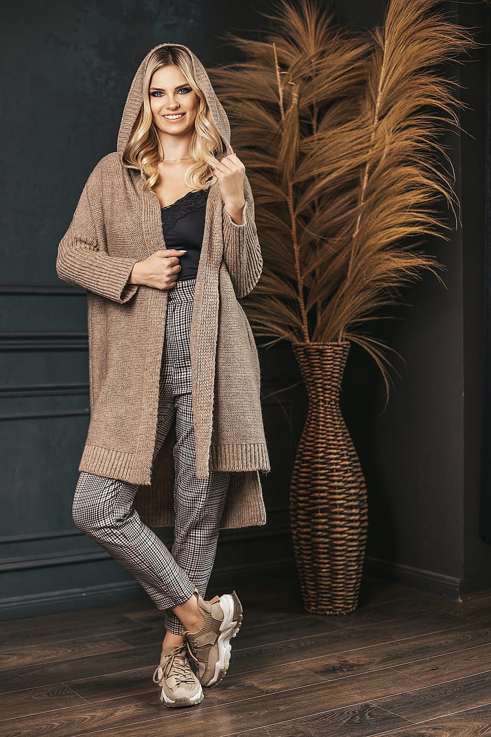 Luxurious Long Sleeve Hooded Cardigan by PeeKaBoo - Asymmetrical Design, Acrylic-Wool Blend