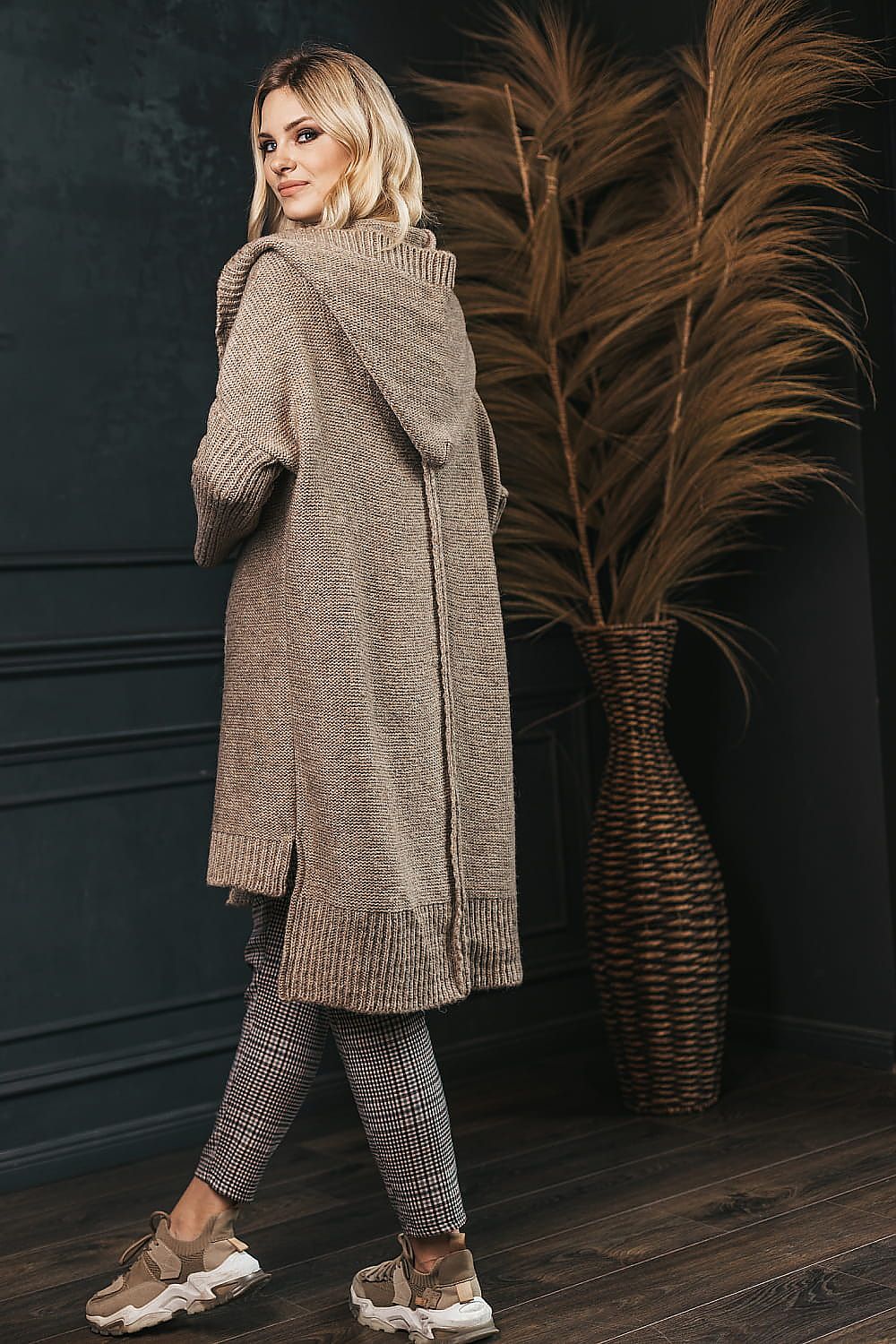 Luxurious Long Sleeve Hooded Cardigan by PeeKaBoo - Asymmetrical Design, Acrylic-Wool Blend