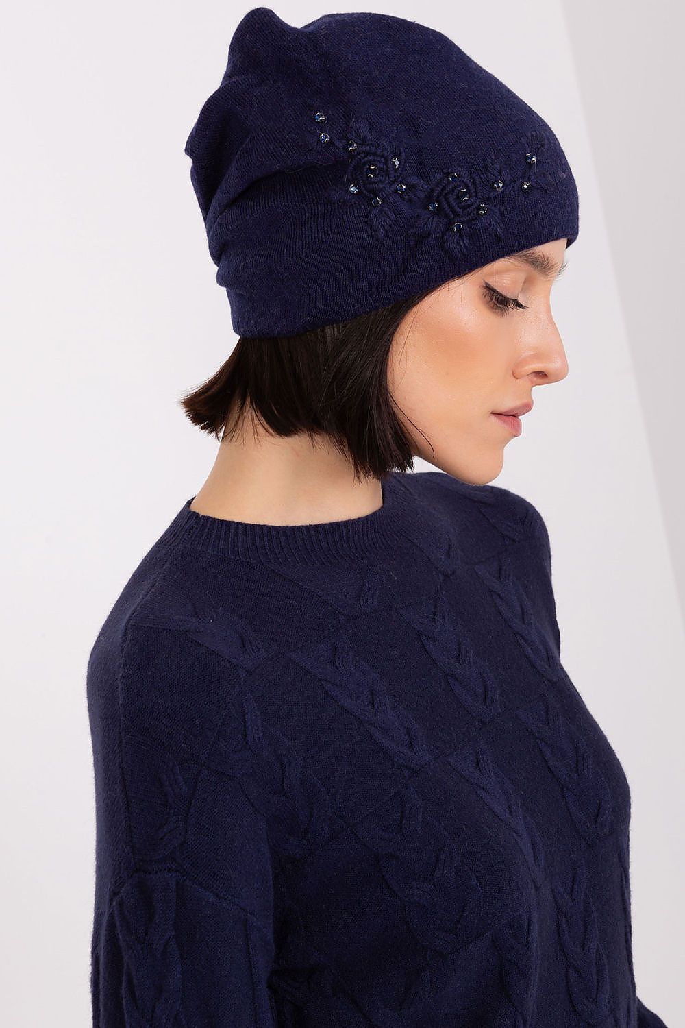 Luxury Women's Winter Hat in Smooth Knit with Decorative Applique - 50% Acrylic, 30% Cotton, 20% Cashmere