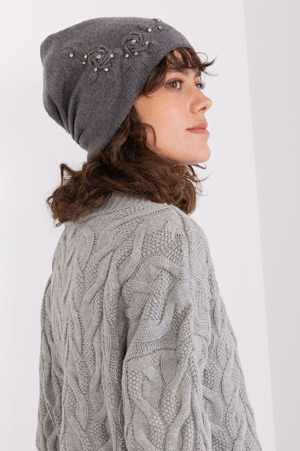 Luxury Women's Winter Hat in Smooth Knit with Decorative Applique - 50% Acrylic, 30% Cotton, 20% Cashmere