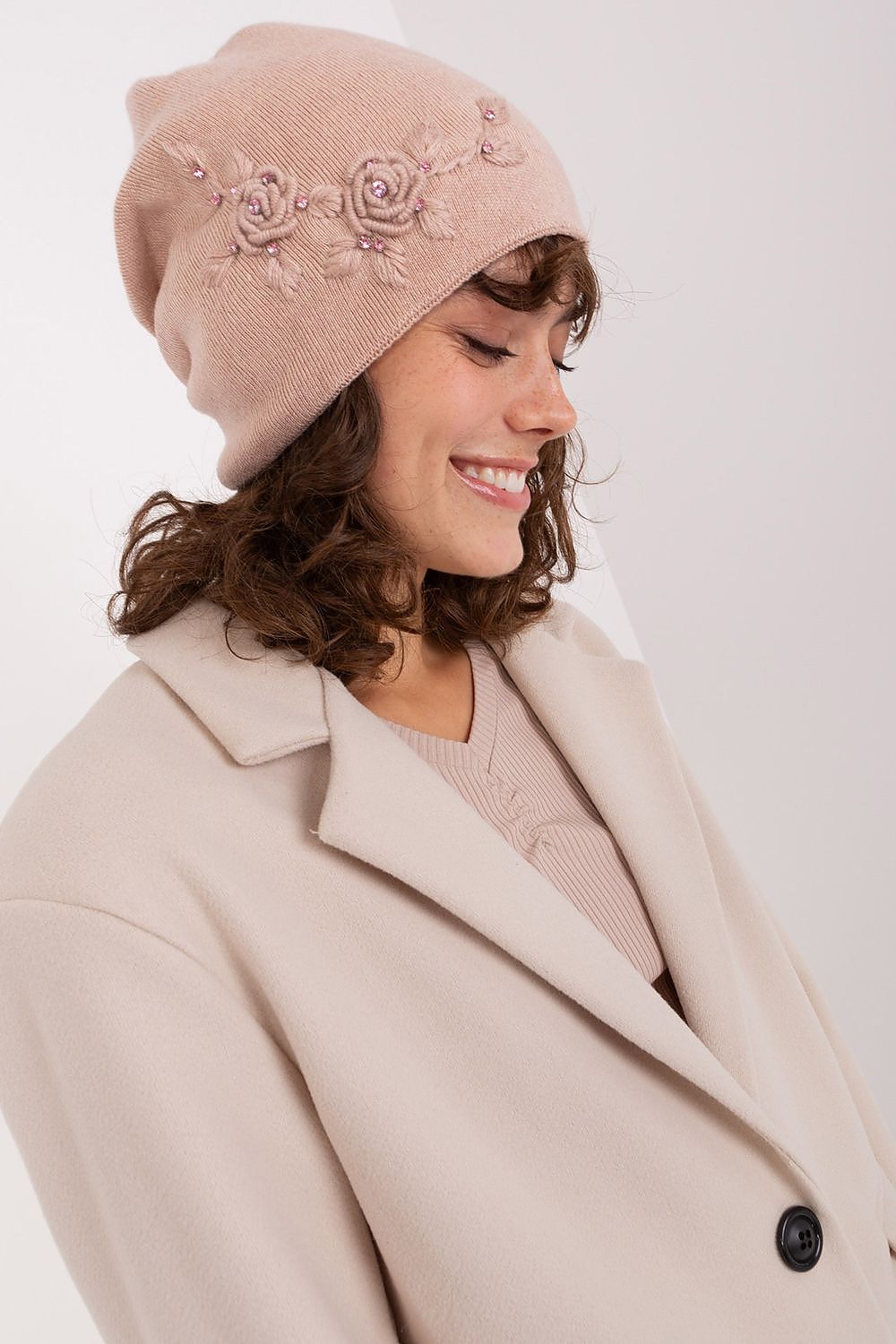 Luxury Women's Winter Hat in Smooth Knit with Decorative Applique - 50% Acrylic, 30% Cotton, 20% Cashmere