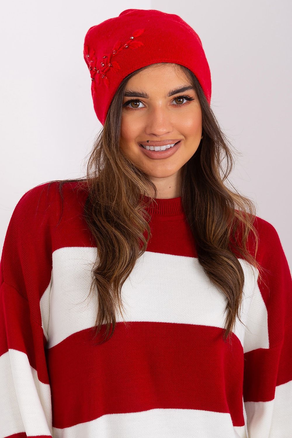 Luxury Women's Winter Hat in Smooth Knit with Decorative Applique - 50% Acrylic, 30% Cotton, 20% Cashmere