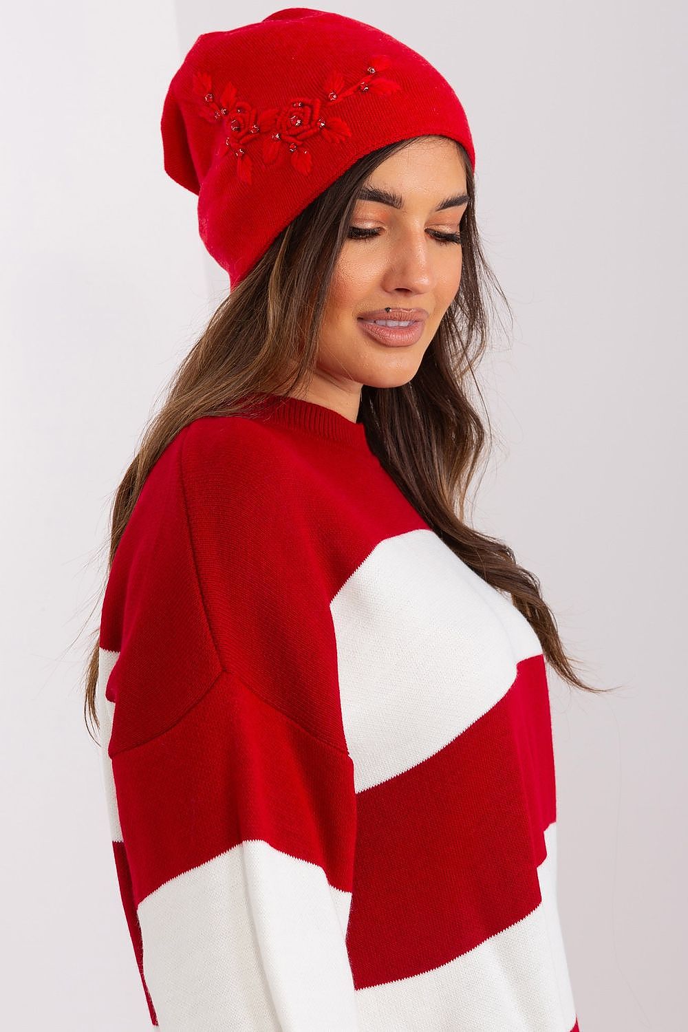 Luxury Women's Winter Hat in Smooth Knit with Decorative Applique - 50% Acrylic, 30% Cotton, 20% Cashmere