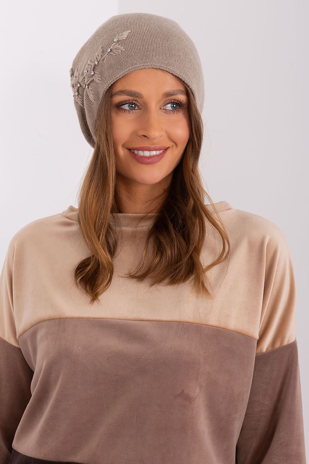 Luxury Women's Winter Hat in Smooth Knit with Decorative Applique - 50% Acrylic, 30% Cotton, 20% Cashmere