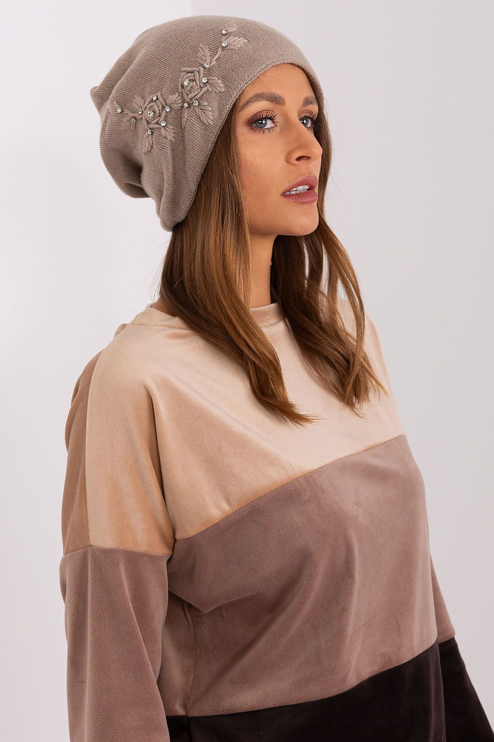 Luxury Women's Winter Hat in Smooth Knit with Decorative Applique - 50% Acrylic, 30% Cotton, 20% Cashmere