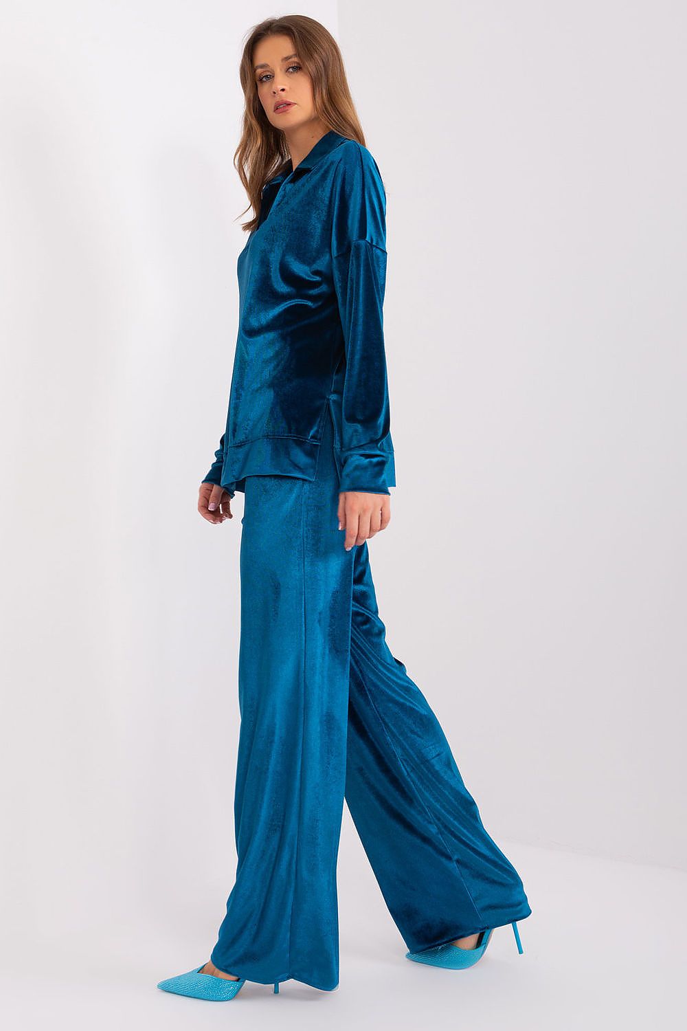 Lakerta Women's Velour Comfort Set – Stylish Long Sleeve Blouse & High Waist Wide Leg Pants