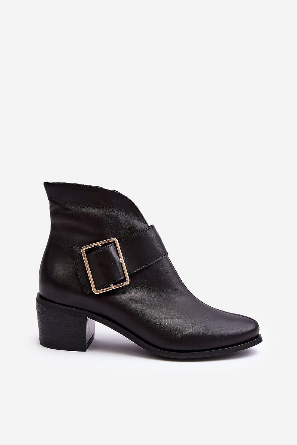 Elegant Women’s Leather Ankle Boots with Low Block Heel and Decorative Buckle