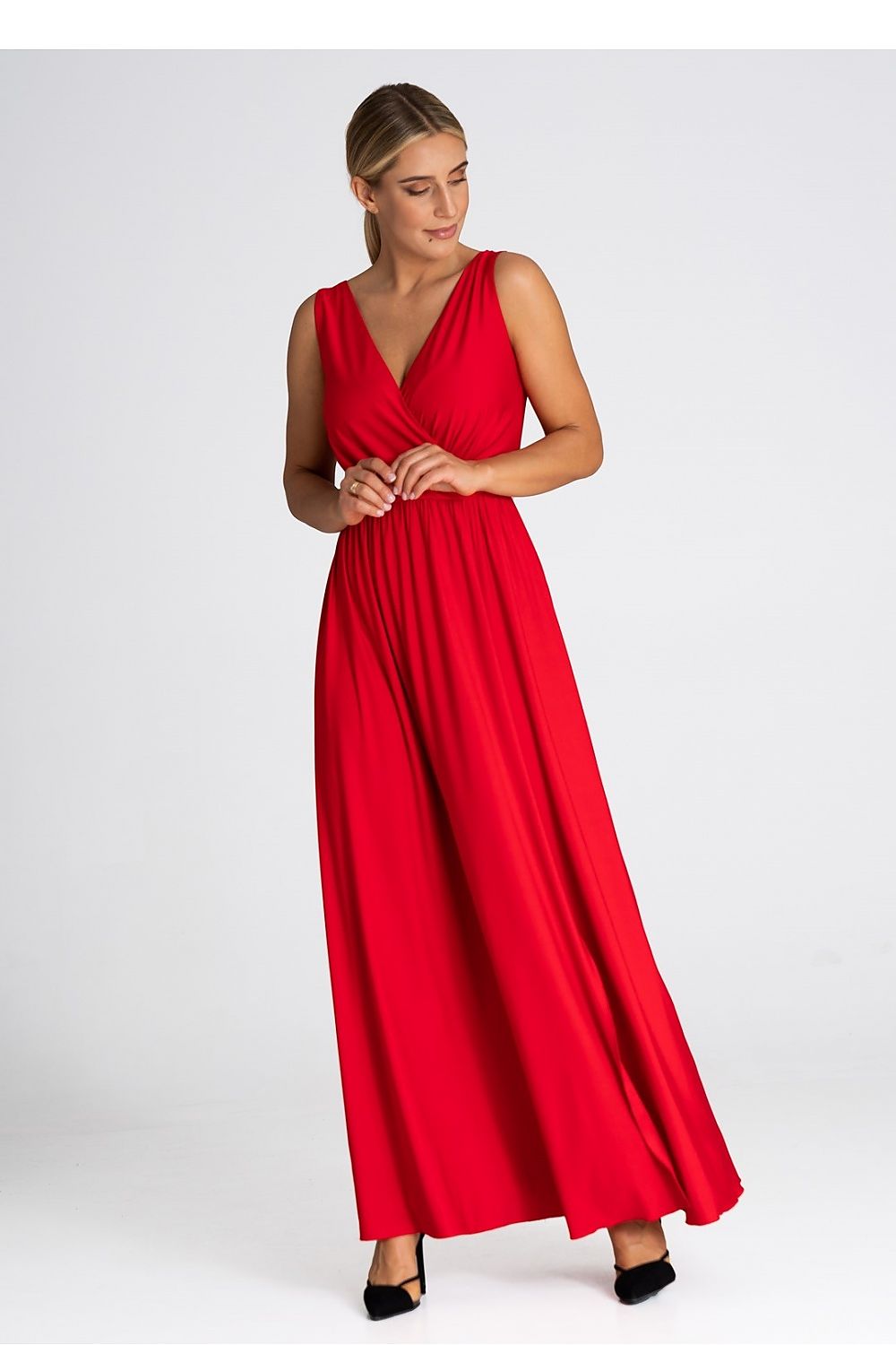 Elegant V-Neck Maxi Dress With Front Slit - Figl Long Dress in S, M, L, XL Sizes