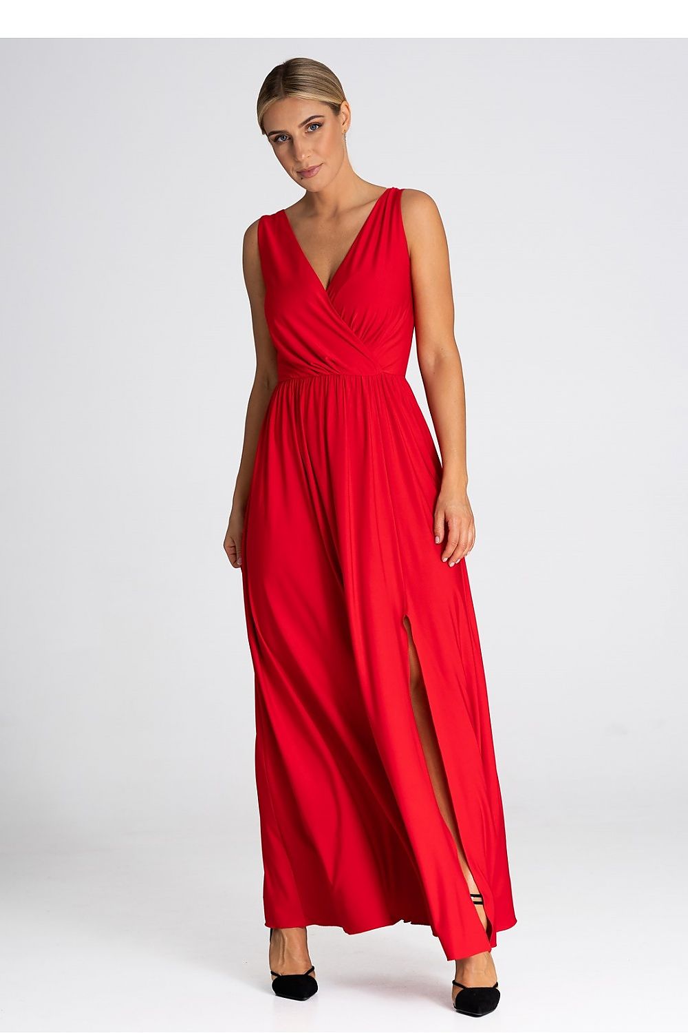 Elegant V-Neck Maxi Dress With Front Slit - Figl Long Dress in S, M, L, XL Sizes