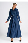 Classic Figl Denim Day Dress With Button Front, Collar, and Belted Waist - Elegant Cotton Design