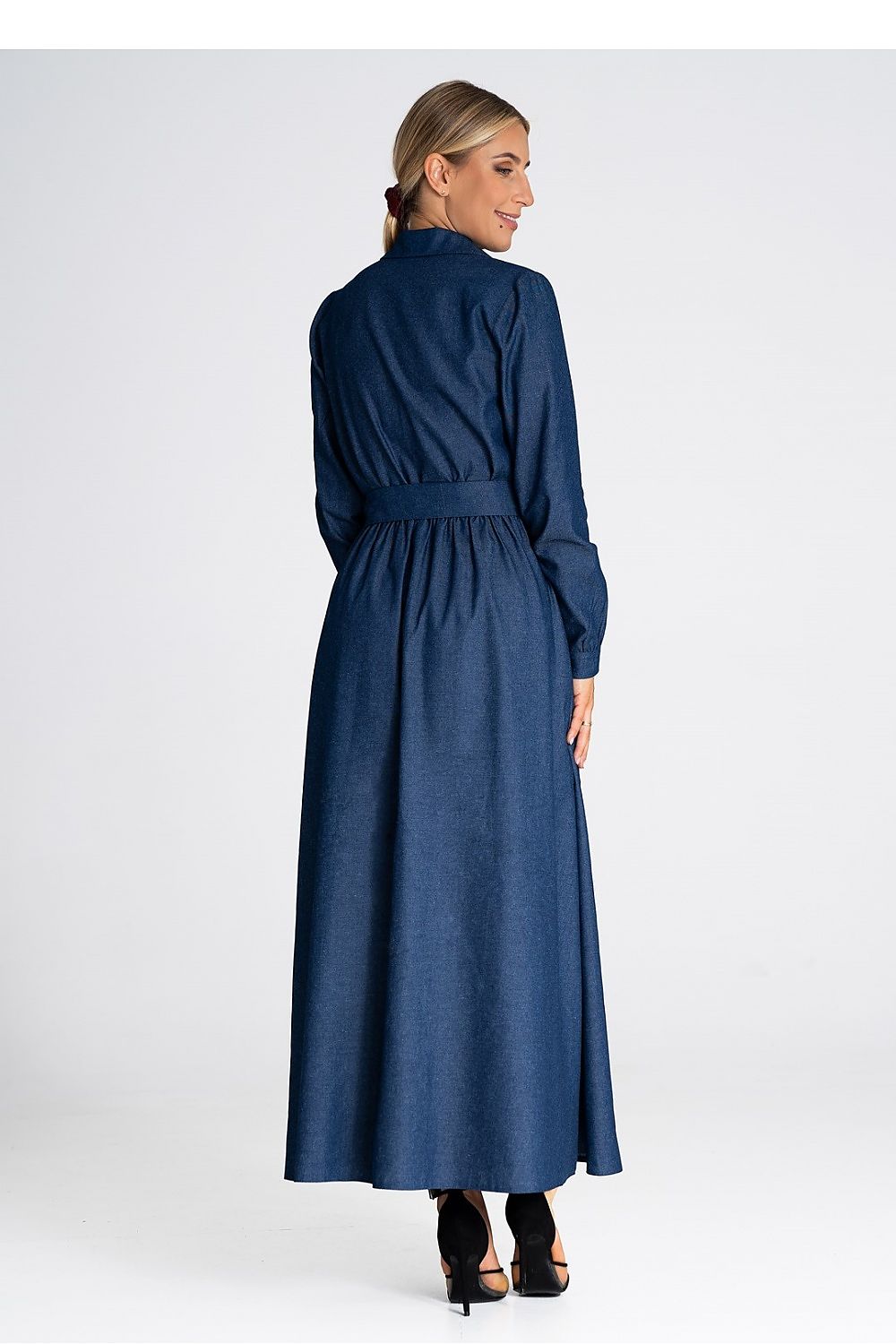 Classic Figl Denim Day Dress With Button Front, Collar, and Belted Waist - Elegant Cotton Design