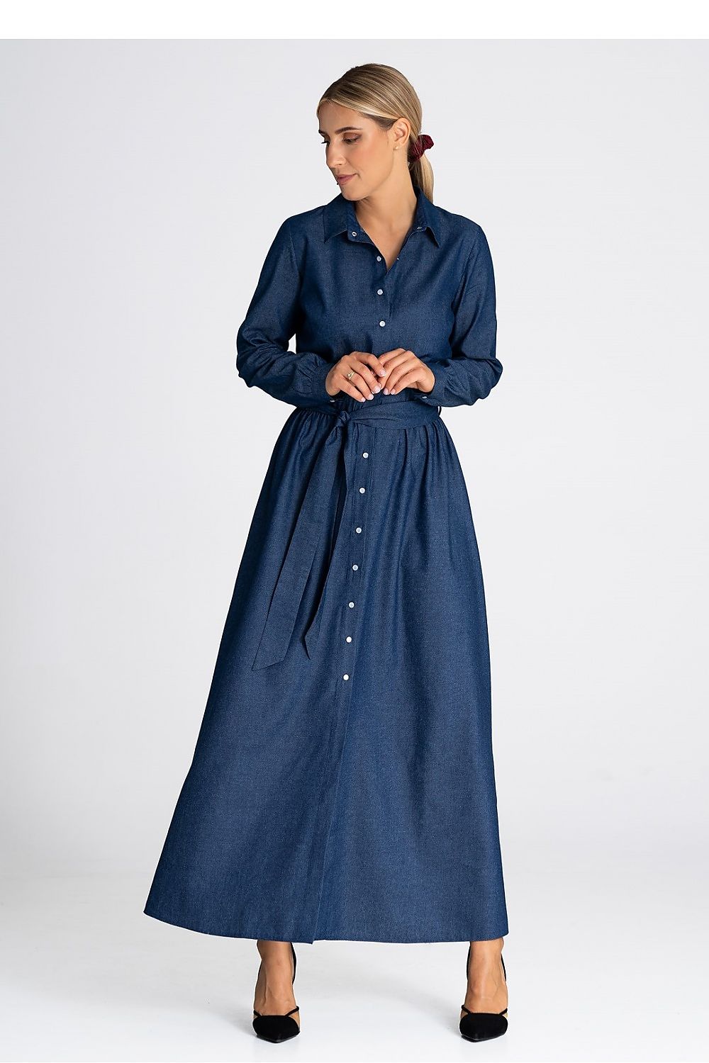 Classic Figl Denim Day Dress With Button Front, Collar, and Belted Waist - Elegant Cotton Design