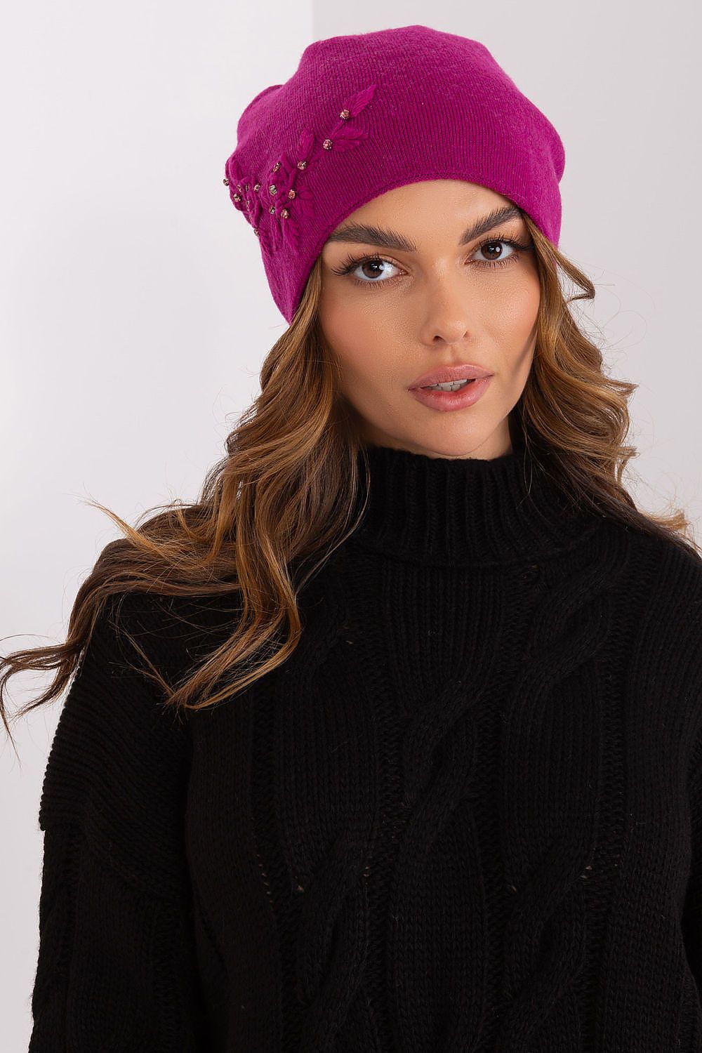 Luxury Women's Winter Hat in Smooth Knit with Decorative Applique - 50% Acrylic, 30% Cotton, 20% Cashmere