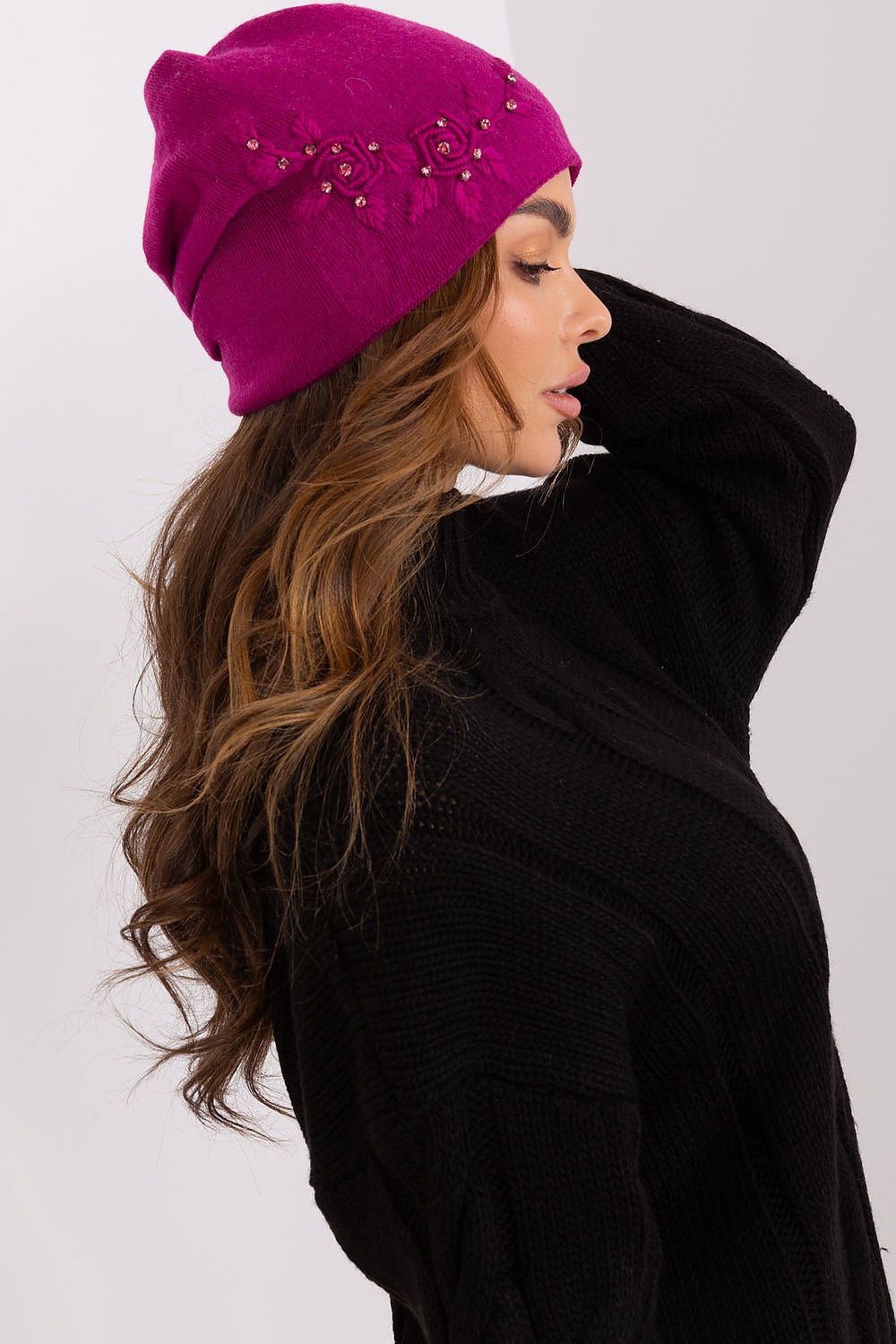 Luxury Women's Winter Hat in Smooth Knit with Decorative Applique - 50% Acrylic, 30% Cotton, 20% Cashmere