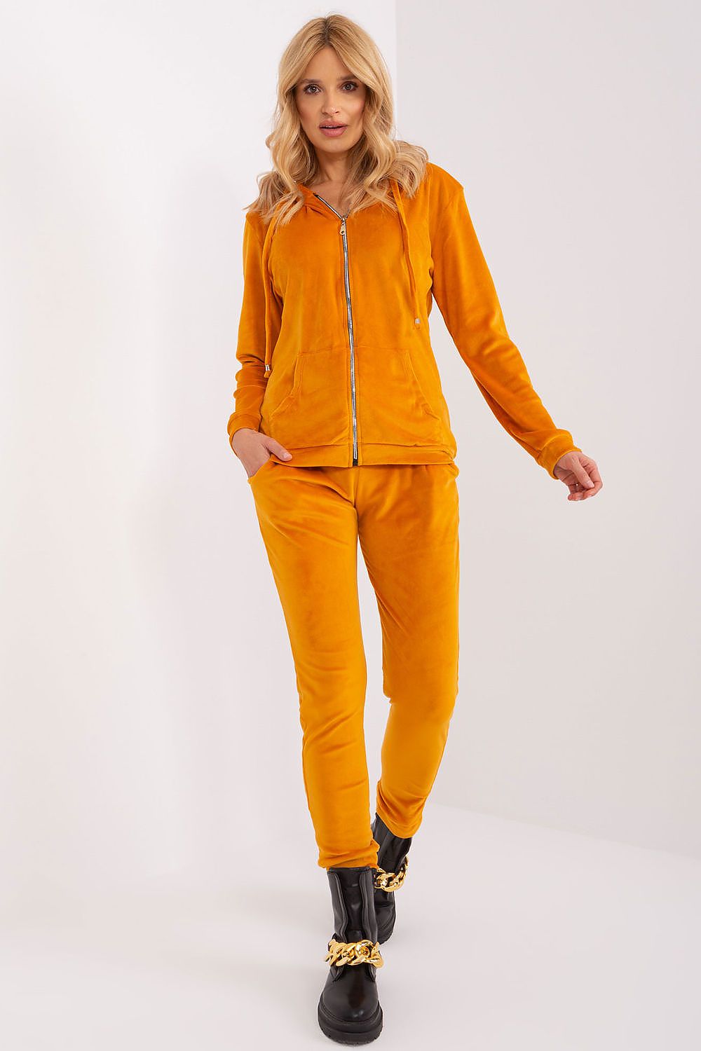Luxurious Velour Loungewear Set: Hooded Sweatshirt & Long Pants with Pockets