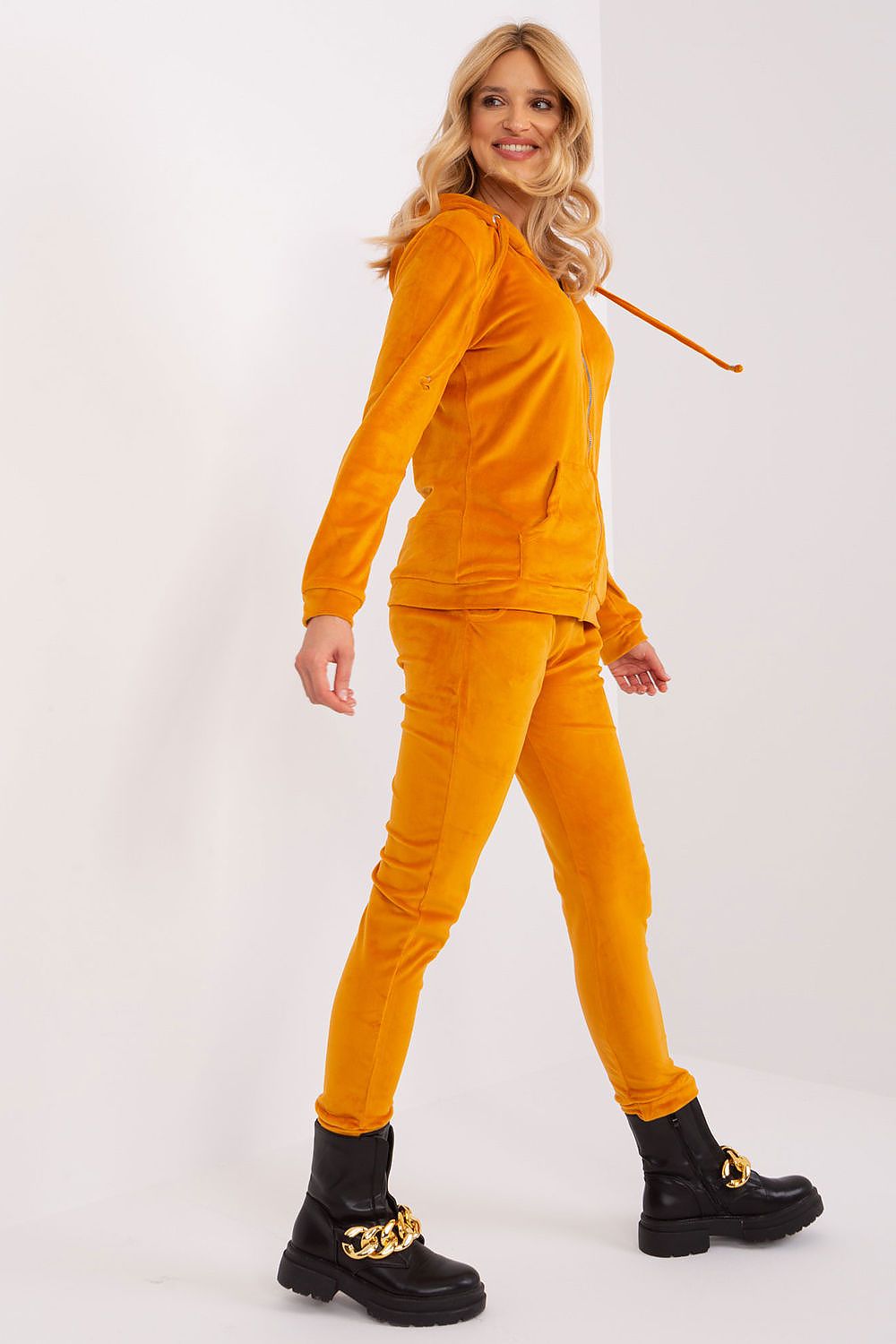 Luxurious Velour Loungewear Set: Hooded Sweatshirt & Long Pants with Pockets