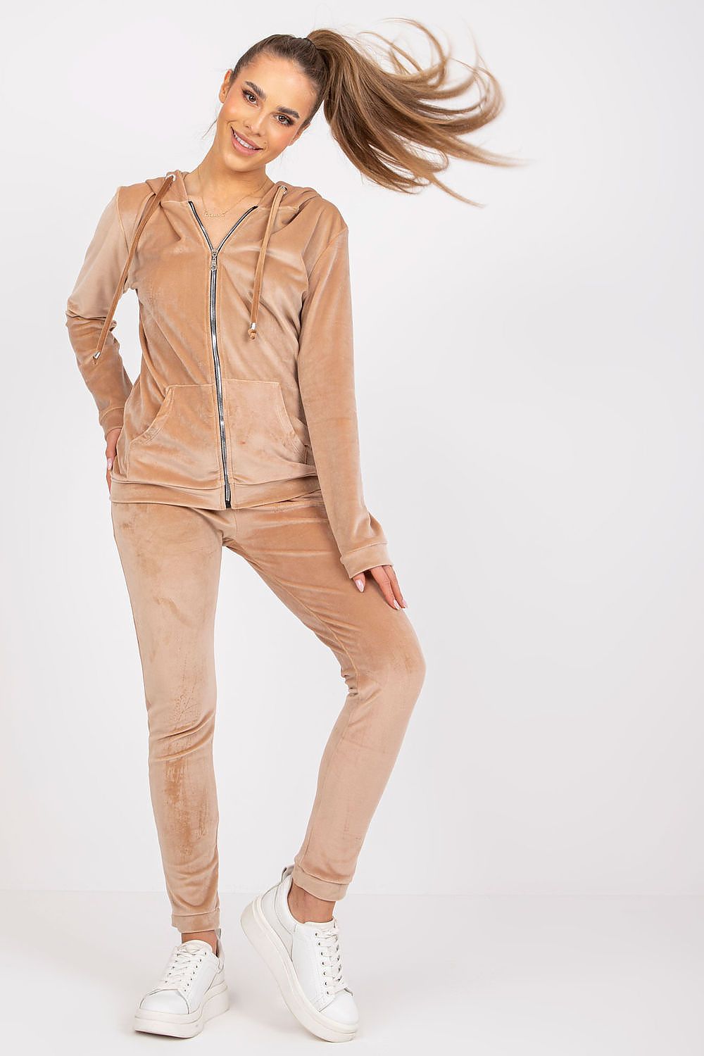 Luxurious Velour Loungewear Set: Hooded Sweatshirt & Long Pants with Pockets