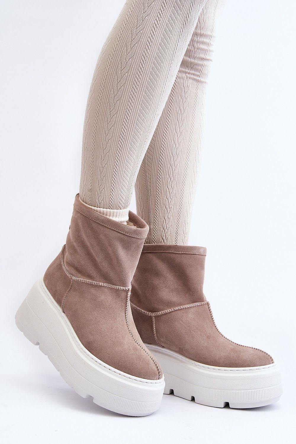 Luxury Women's Natural Leather Buskin Boots with Sheepskin Lining and Massive Platform - Ankle Length