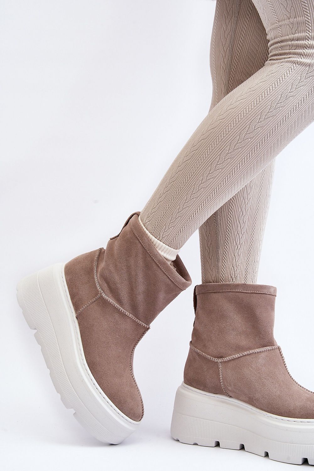 Luxury Women's Natural Leather Buskin Boots with Sheepskin Lining and Massive Platform - Ankle Length