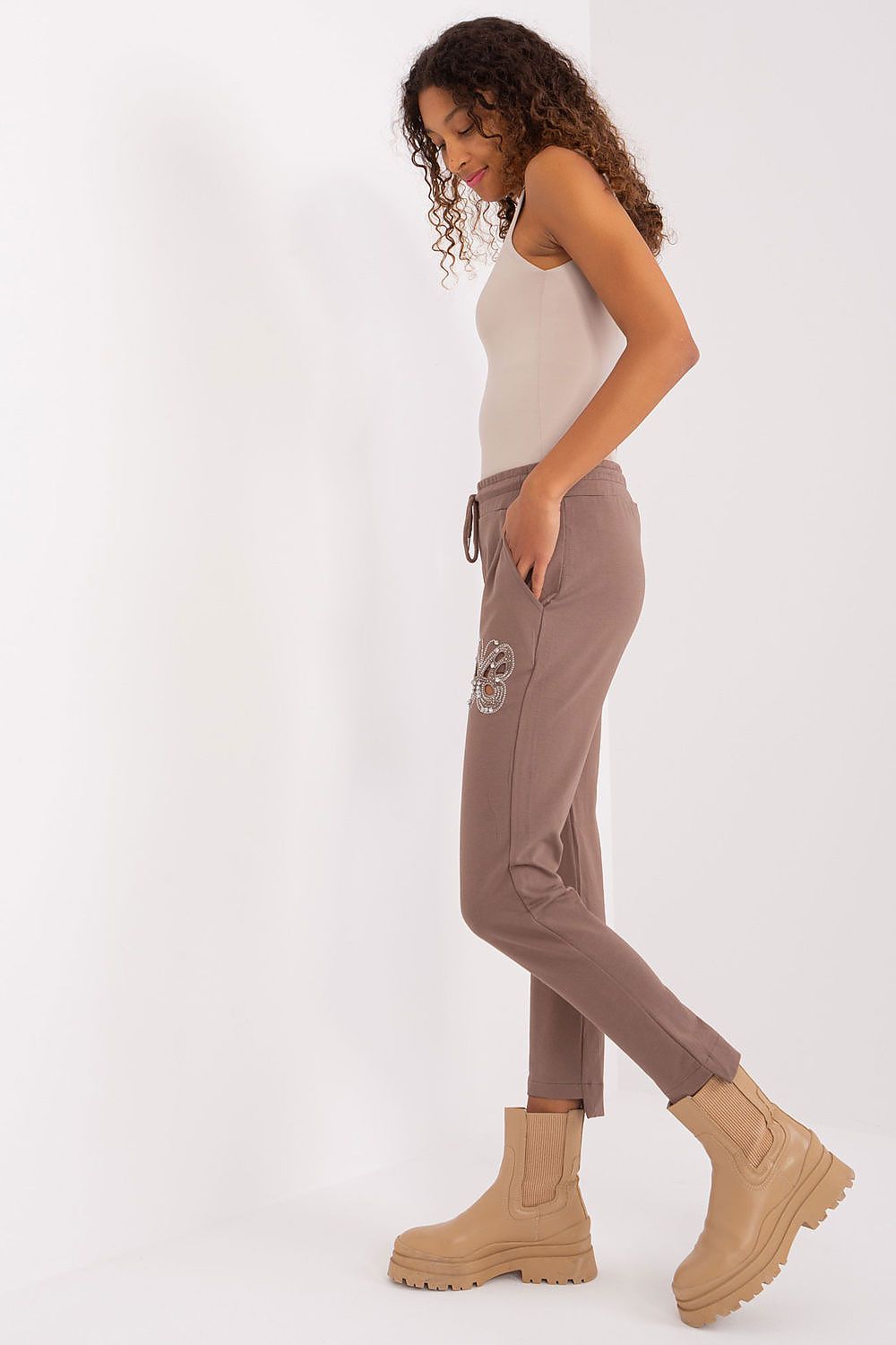 Elegant Women's Cotton Blend Tracksuit Trousers with High Waist and Rhinestone Detailing