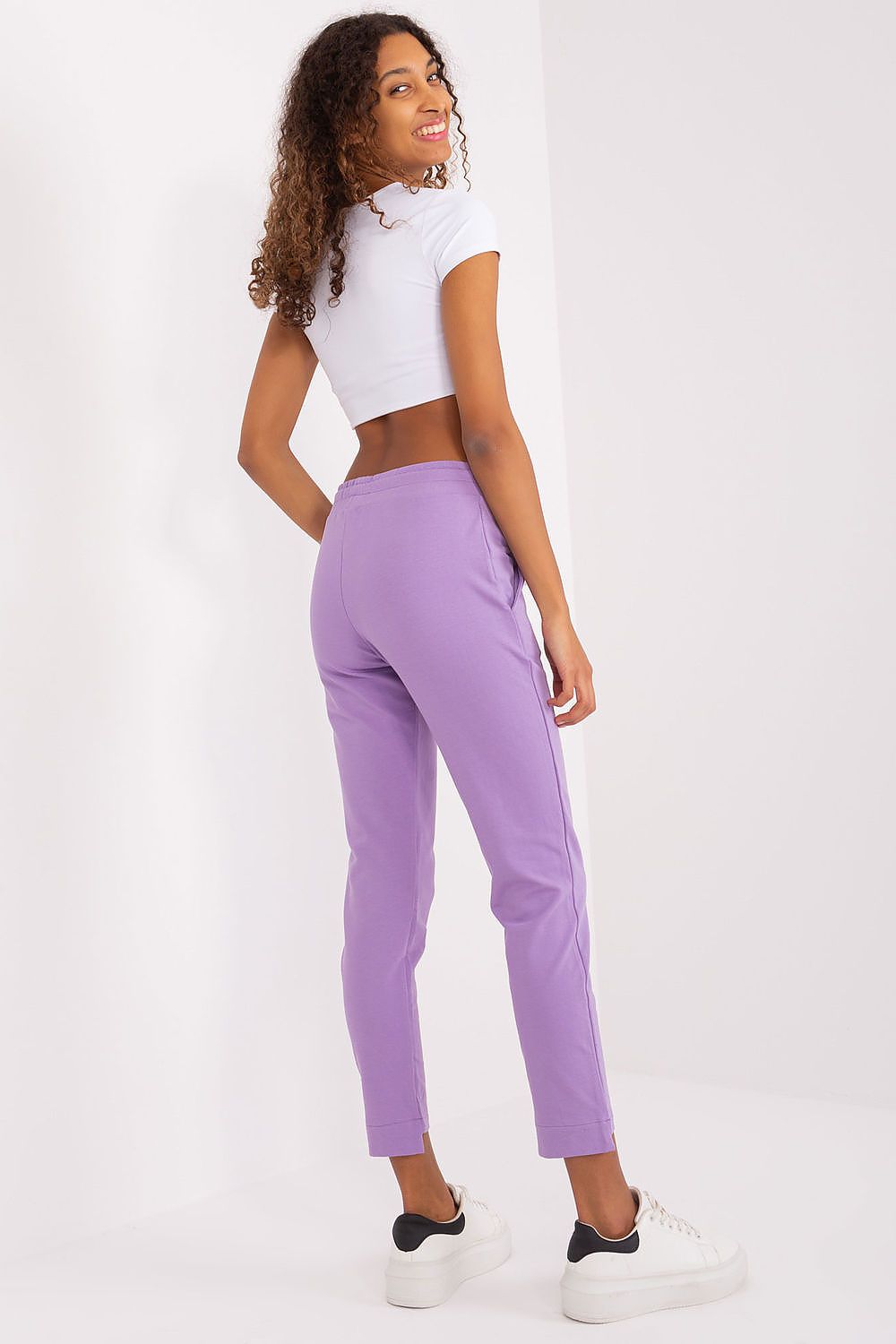 Elegant Women's Cotton Blend Tracksuit Trousers with High Waist and Rhinestone Detailing