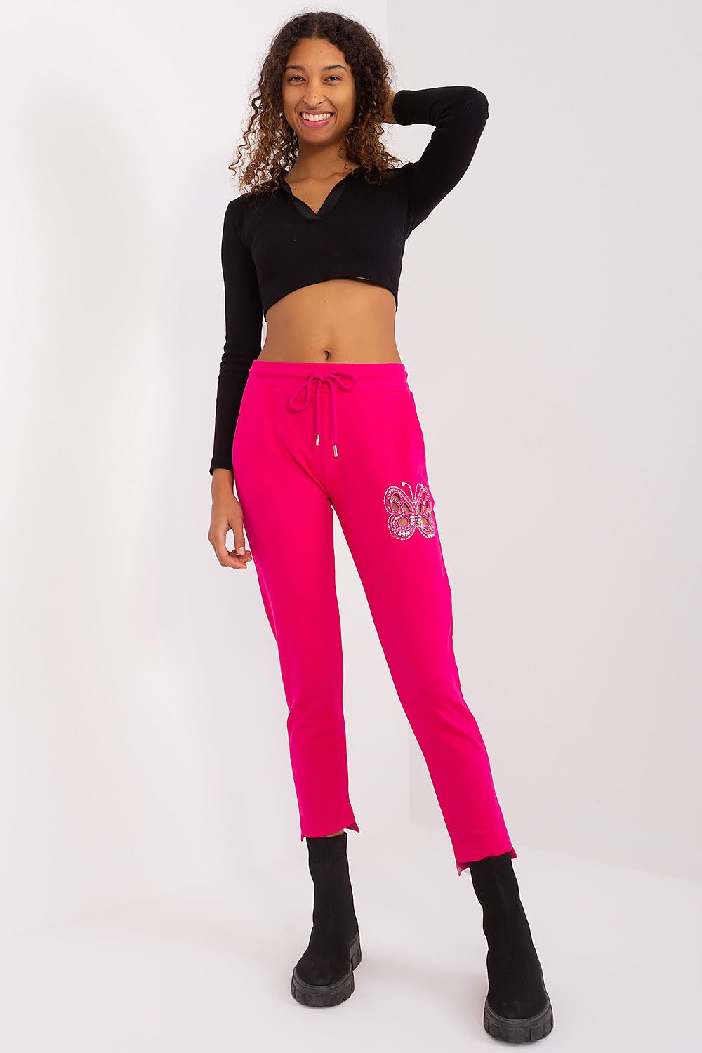 Elegant Women's Cotton Blend Tracksuit Trousers with High Waist and Rhinestone Detailing