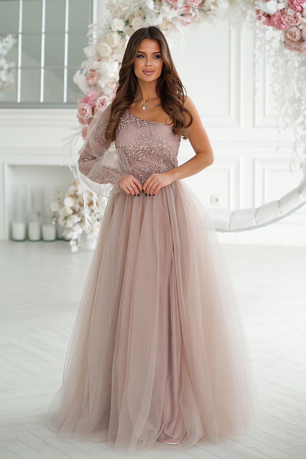 Elegant One Shoulder Prom Dress with Shimmering Lace and Flared Mesh Skirt by Bicotone