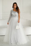 Elegant One Shoulder Prom Dress with Shimmering Lace and Flared Mesh Skirt by Bicotone