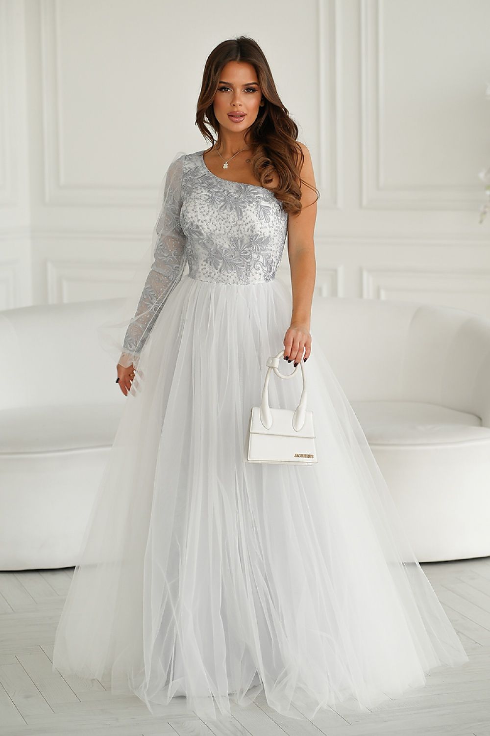 Elegant One Shoulder Prom Dress with Shimmering Lace and Flared Mesh Skirt by Bicotone