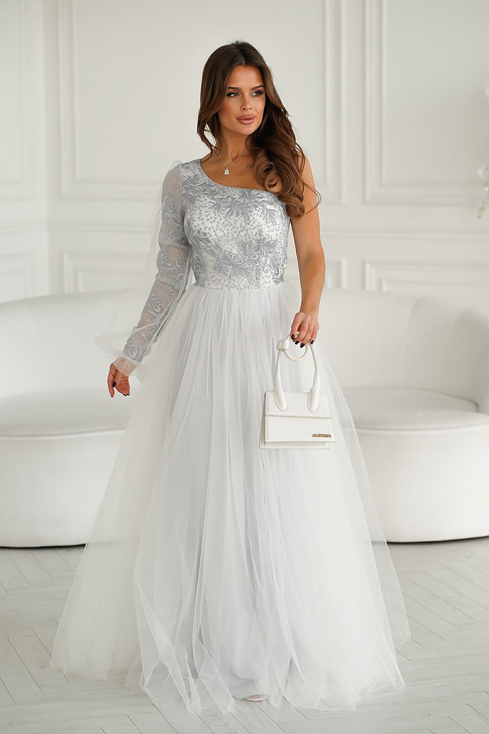 Elegant One Shoulder Prom Dress with Shimmering Lace and Flared Mesh Skirt by Bicotone