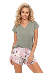 Luxury Nicola 1/2 Pyjamas for Women | Olive V-Neck T-Shirt & Floral Ruffled Shorts