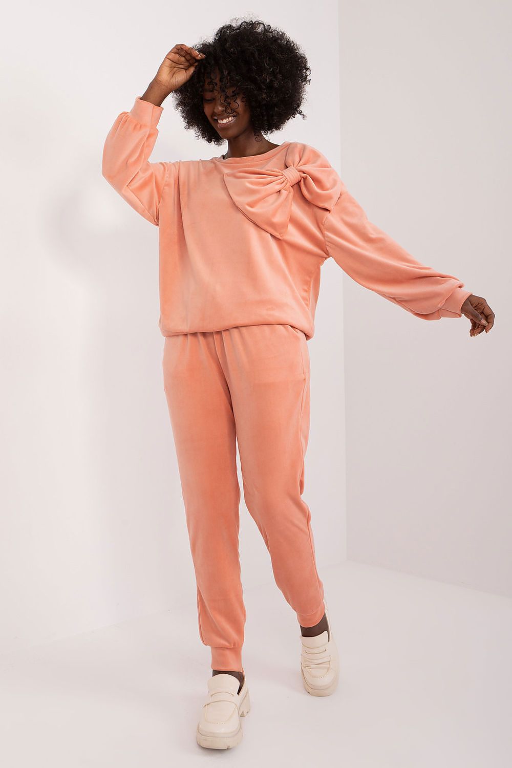 Italy Moda Velour 2-Piece Sweatshirt And Pants Set With Drawstrings And Bow Detail, Elegant Comfort