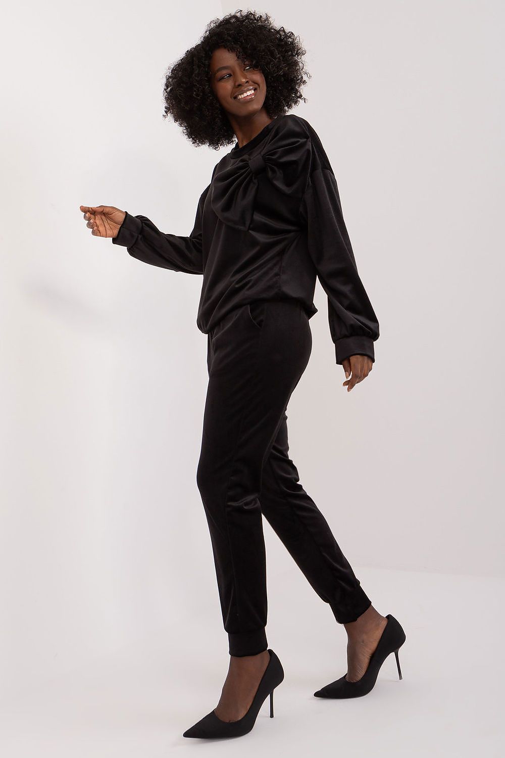 Italy Moda Velour 2-Piece Sweatshirt And Pants Set With Drawstrings And Bow Detail, Elegant Comfort