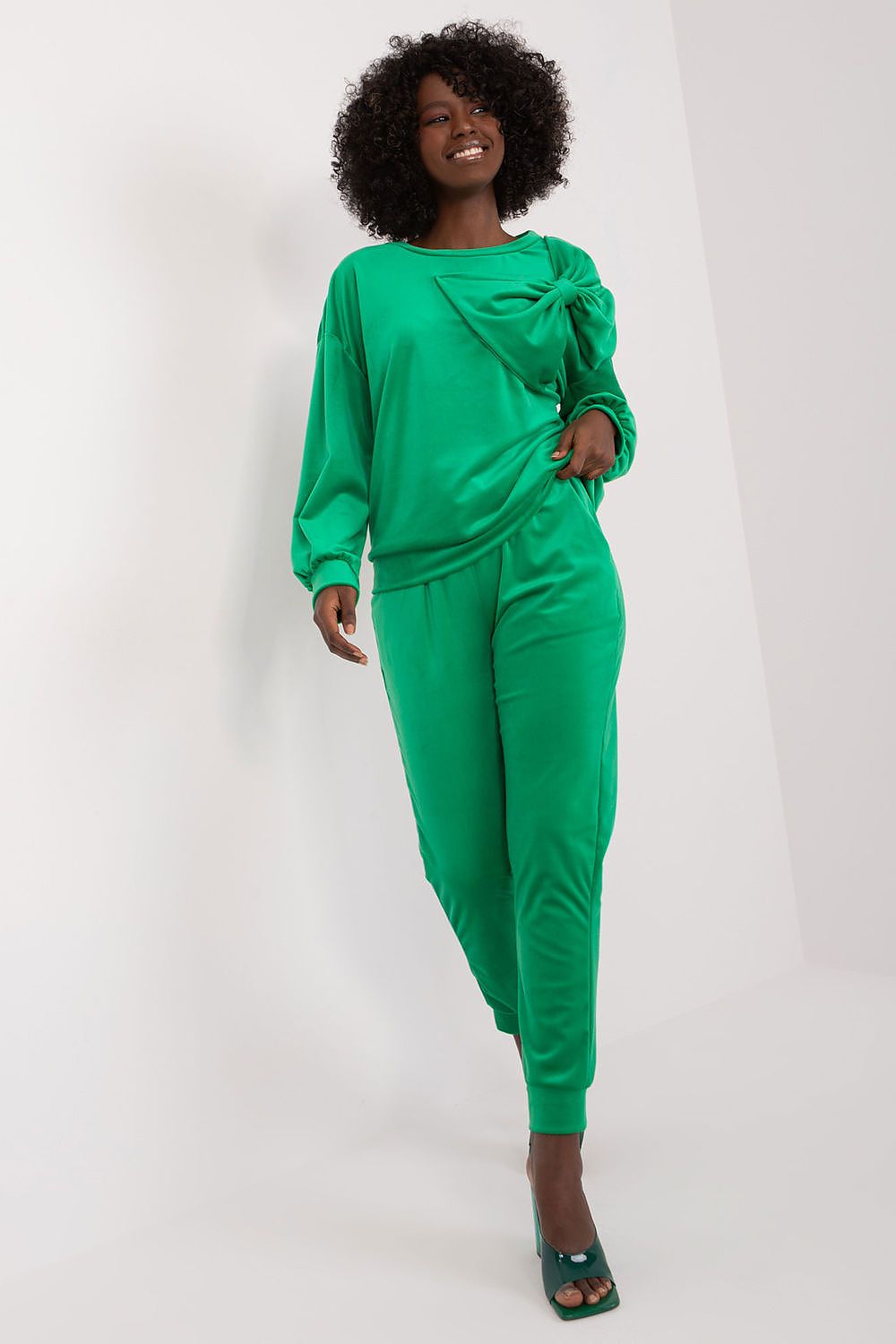 Italy Moda Velour 2-Piece Sweatshirt And Pants Set With Drawstrings And Bow Detail, Elegant Comfort