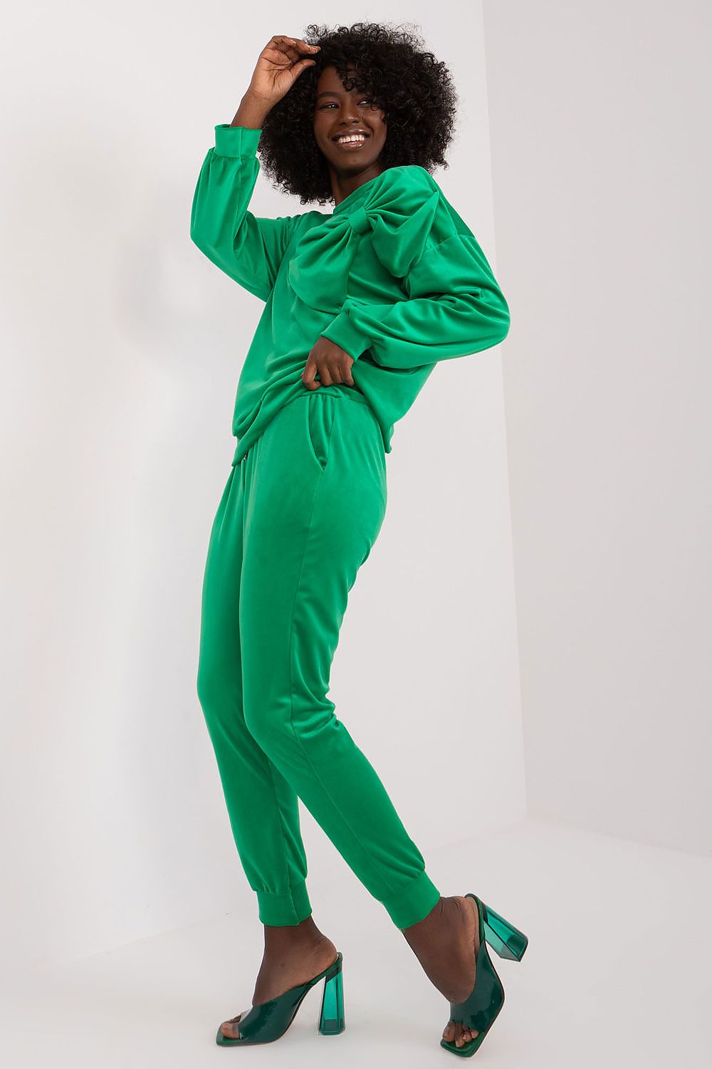 Italy Moda Velour 2-Piece Sweatshirt And Pants Set With Drawstrings And Bow Detail, Elegant Comfort