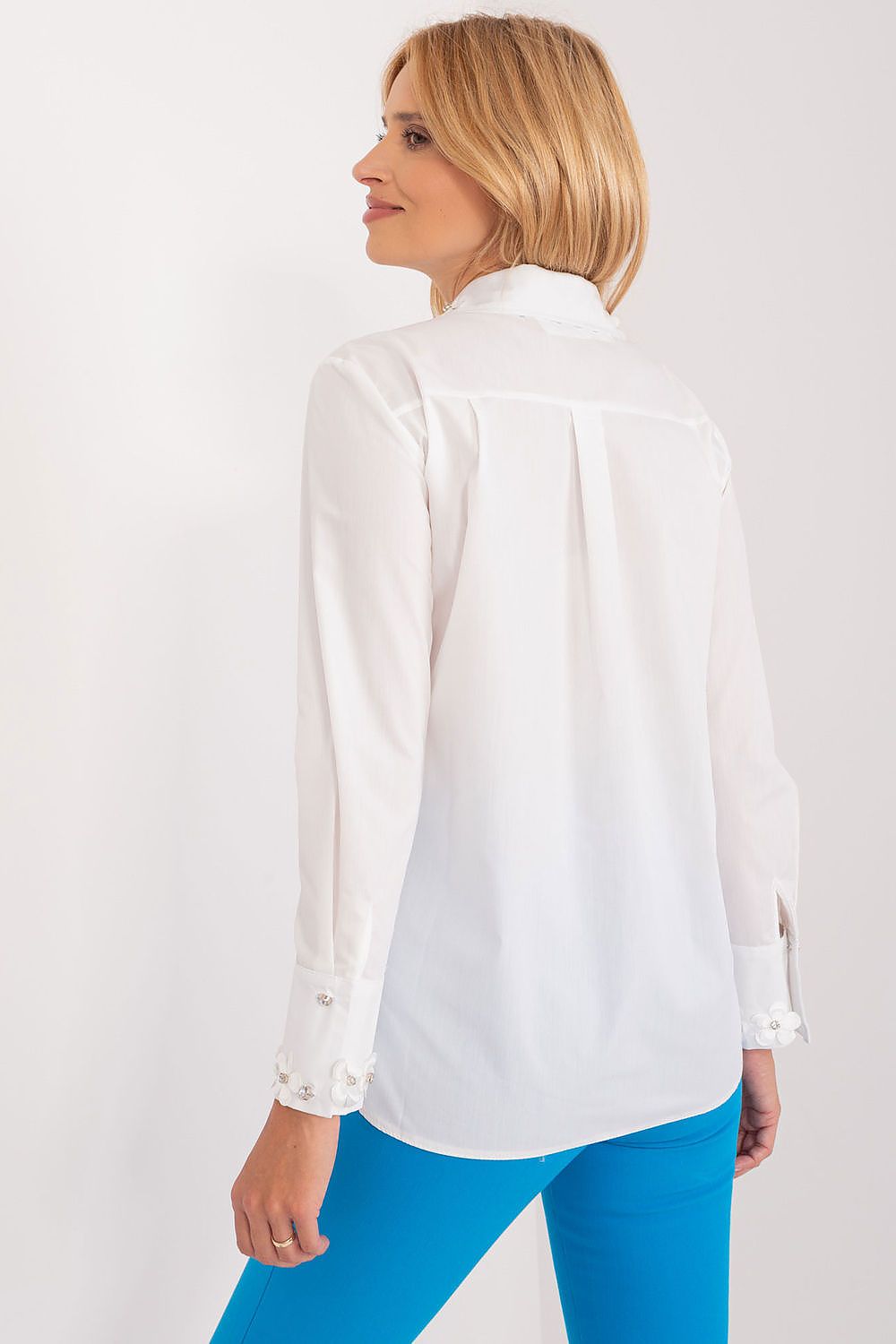 Elegant Long Sleeve Cotton Shirt with Embroidered Flowers and Zircons - Lakerta Classic Style for Women