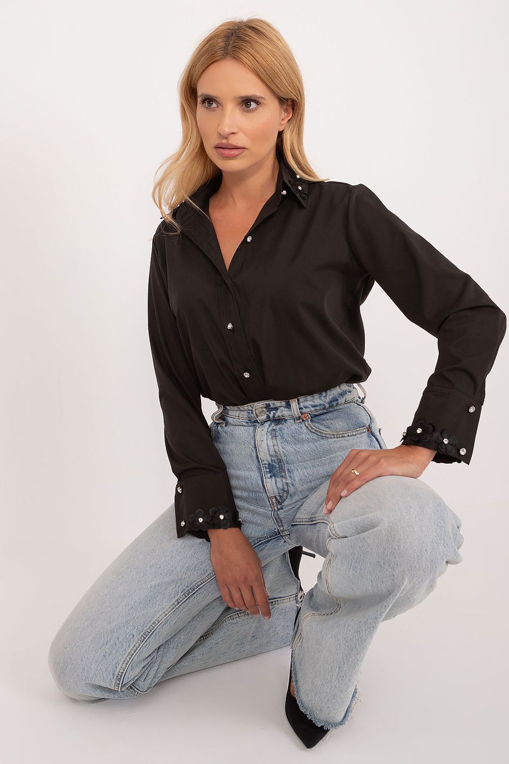 Elegant Long Sleeve Cotton Shirt with Embroidered Flowers and Zircons - Lakerta Classic Style for Women