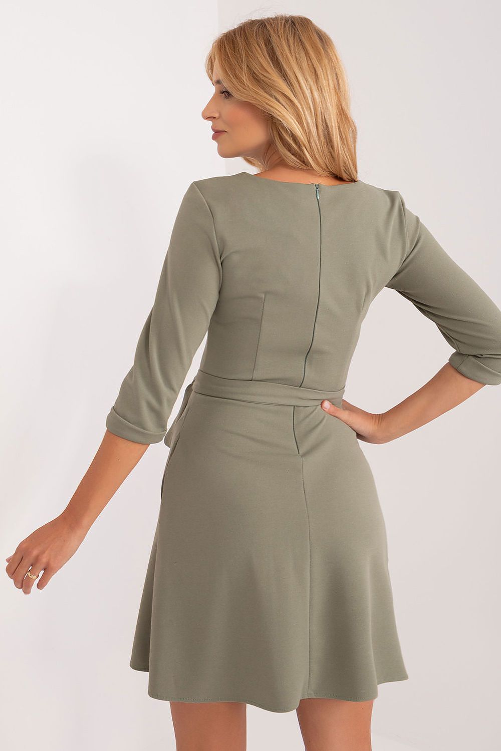 Flared V-Neck Dress By Lakerta - Timeless Elegance With 3/4 Sleeves & Tie Belt