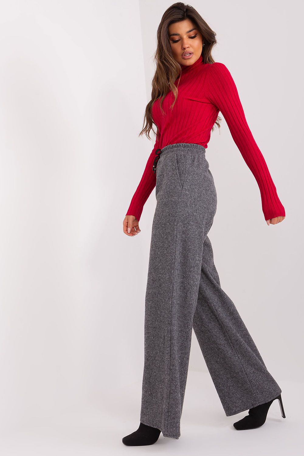 High-Waisted Lakerta Women's Trousers with Waist Tie and Pepite Pattern - Wide Leg Casual Pants