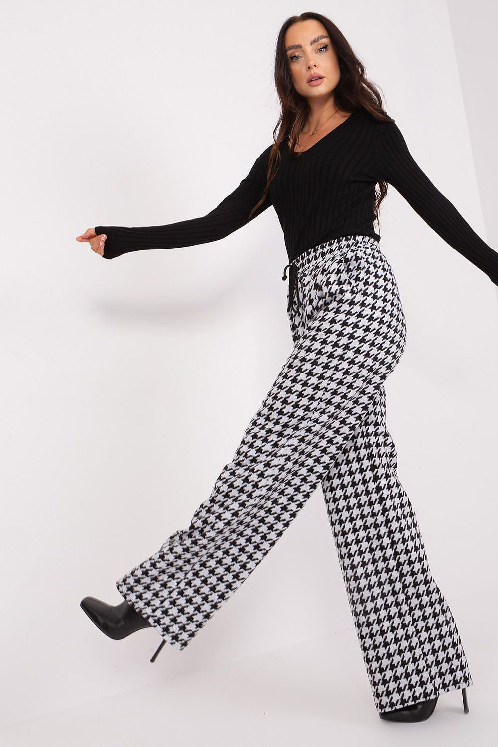 High-Waisted Lakerta Women's Trousers with Waist Tie and Pepite Pattern - Wide Leg Casual Pants