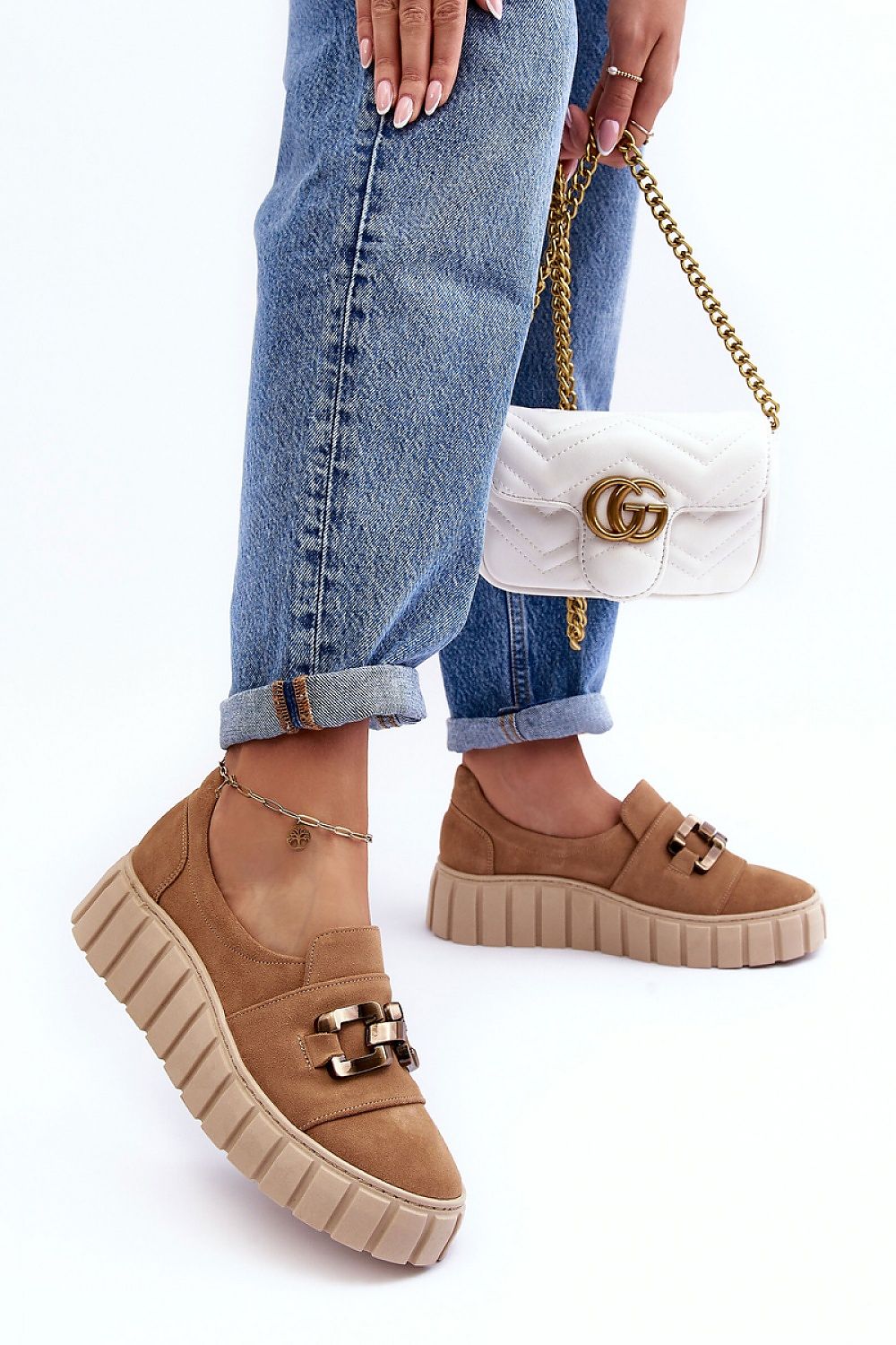 Women's Half Shoes in Natural Leather with Gold Ornament and Adjustable Elastic Band