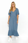 Elegant Long Dress with Ruffles and Gold Tinsel - Feminine Charm in Olive, Denim, Chocolate, Black or Beige