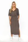 Makadamia Midi Dress with Drawstring Waist and Elegant Slit - Lightweight Knit for Summer Style