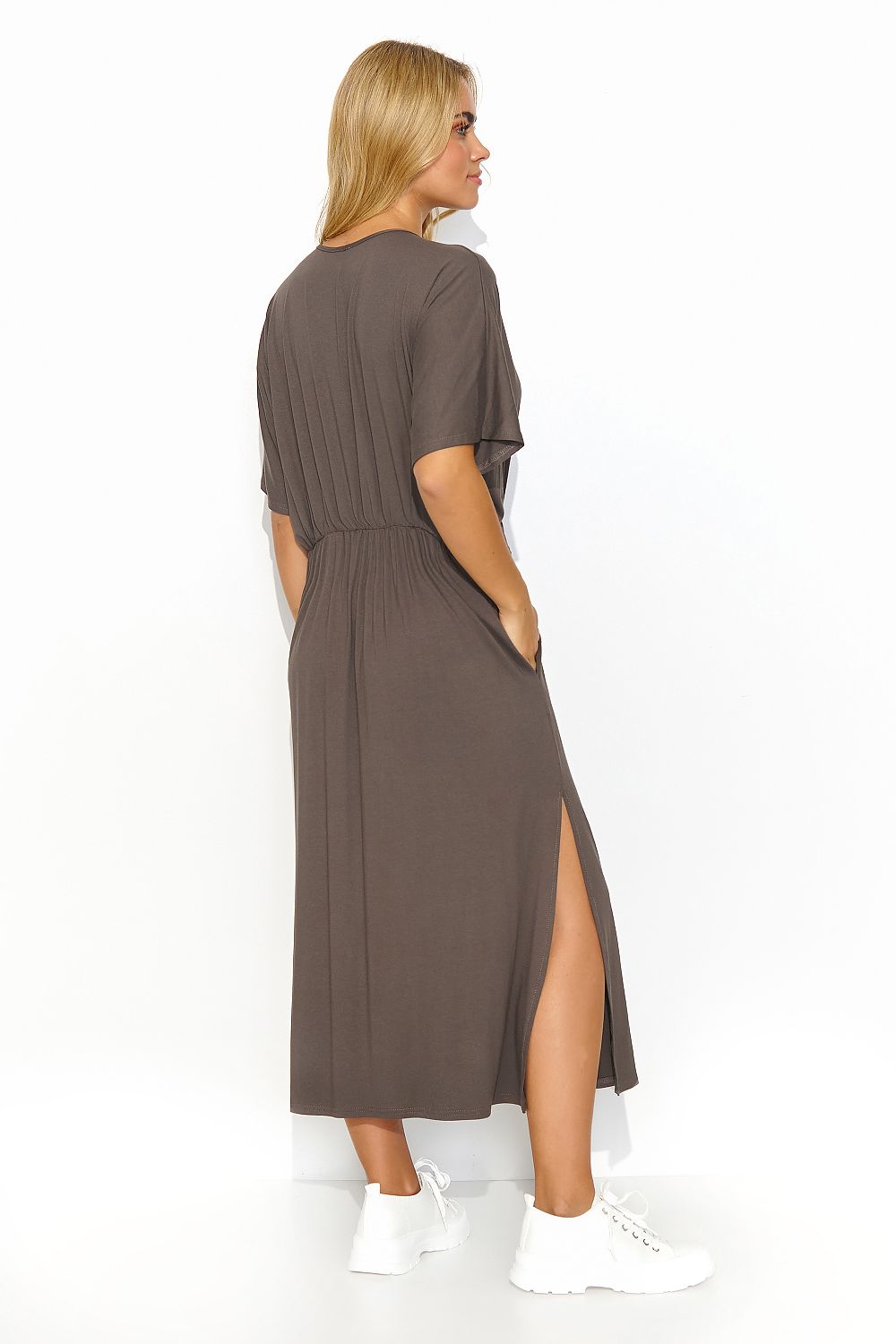 Makadamia Midi Dress with Drawstring Waist and Elegant Slit - Lightweight Knit for Summer Style