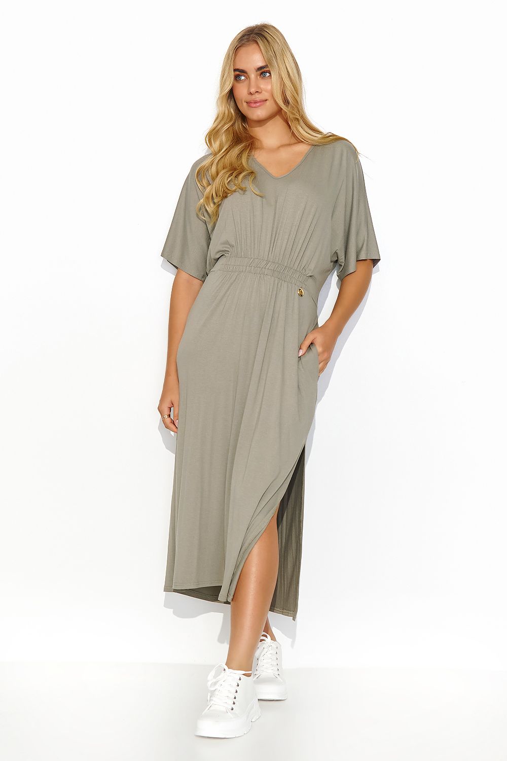 Makadamia Midi Dress with Drawstring Waist and Elegant Slit - Lightweight Knit for Summer Style