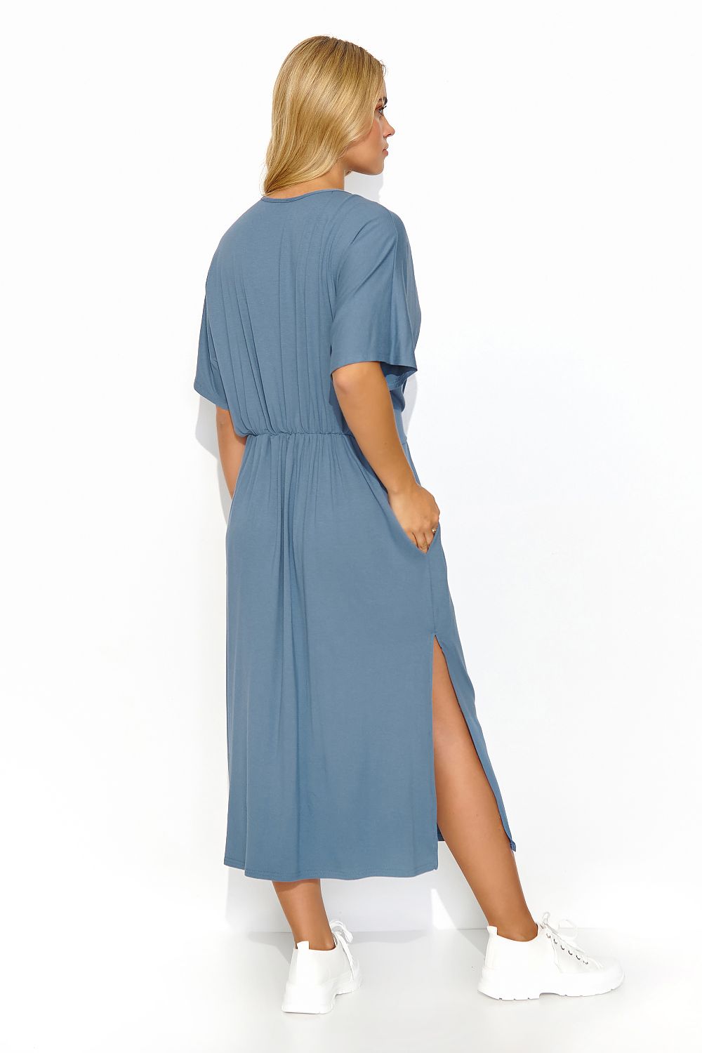Makadamia Midi Dress with Drawstring Waist and Elegant Slit - Lightweight Knit for Summer Style