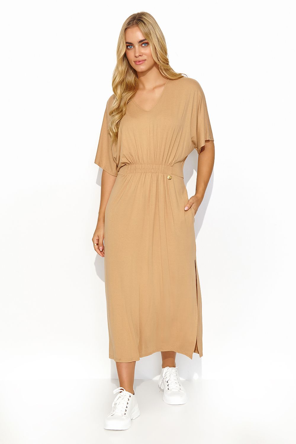 Makadamia Midi Dress with Drawstring Waist and Elegant Slit - Lightweight Knit for Summer Style