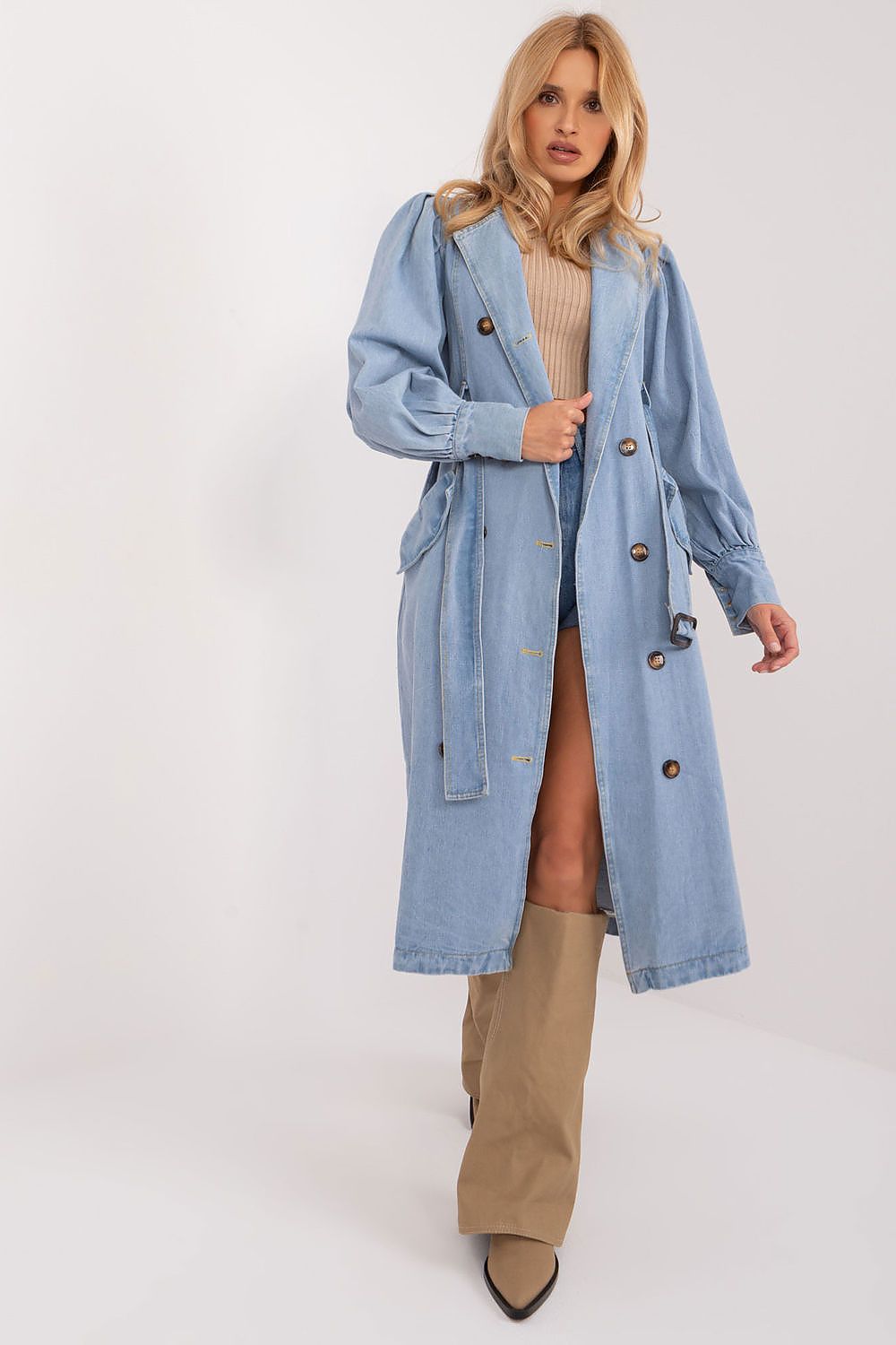 Luxury Denim Trench Coat for Spring & Summer - Long Sleeve, Belted Style with Pockets