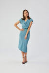 Stylove Asymmetrical Midi Cocktail Dress with Water Neckline and Elegant Belt - Made in Poland